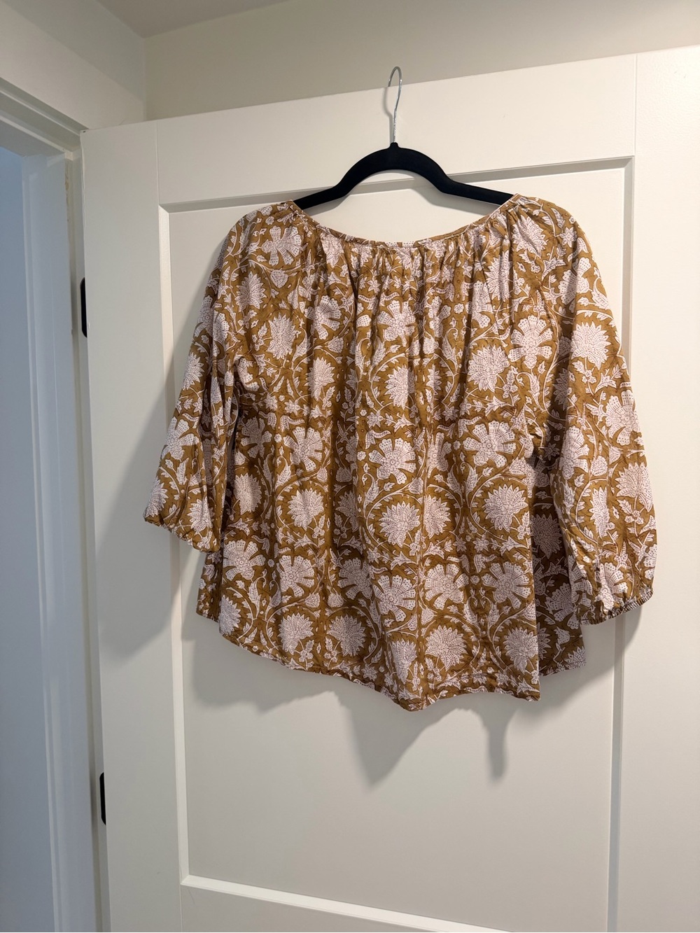 Boho Button-Front Peasant Blouse in Mustard Floral - Picture 3 of 3